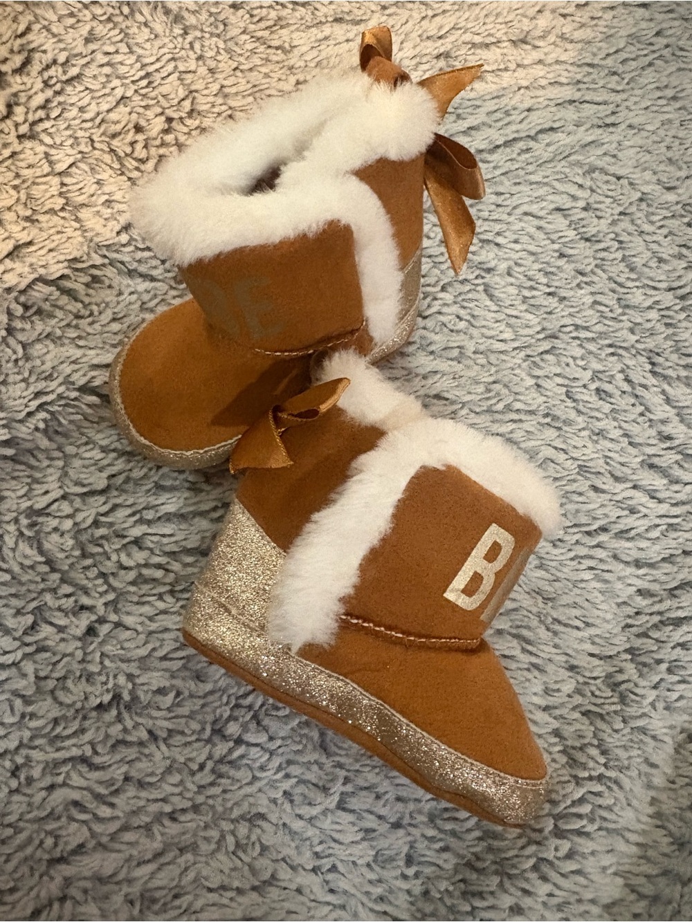 bebe Brown Faux-Fur Boots with Gold Glitter Sole